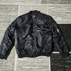 VINTAGE Southpole Men Jacket L Black Bomber Jacket Logo Zipper Long Sleeve Y2K